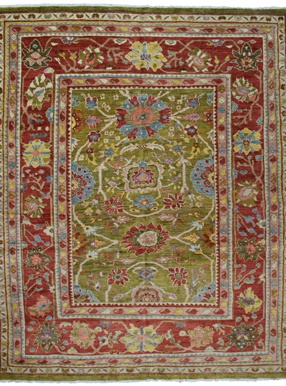 alt="Antique-finish Sultanabad carpet with green ground and floral motifs" alt="Handwoven Sultanabad rug with islimi design and wide border" alt="Green Persian-style carpet with large flowers and traditional pattern" alt="Custom handmade Sultanabad carpet with antique look"