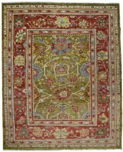 alt="Antique-finish Sultanabad carpet with green ground and floral motifs" alt="Handwoven Sultanabad rug with islimi design and wide border" alt="Green Persian-style carpet with large flowers and traditional pattern" alt="Custom handmade Sultanabad carpet with antique look"
