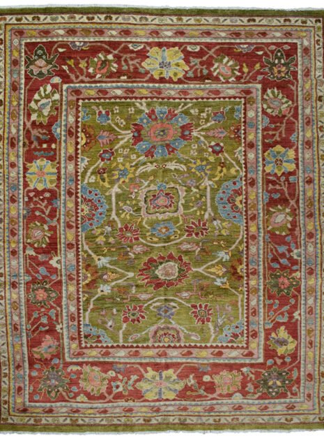 alt="Antique-finish Sultanabad carpet with green ground and floral motifs" alt="Handwoven Sultanabad rug with islimi design and wide border" alt="Green Persian-style carpet with large flowers and traditional pattern" alt="Custom handmade Sultanabad carpet with antique look"