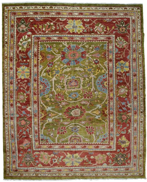 alt="Antique-finish Sultanabad carpet with green ground and floral motifs" alt="Handwoven Sultanabad rug with islimi design and wide border" alt="Green Persian-style carpet with large flowers and traditional pattern" alt="Custom handmade Sultanabad carpet with antique look"