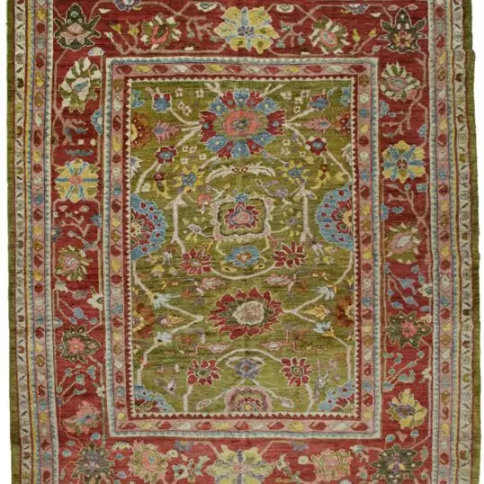 alt="Antique-finish Sultanabad carpet with green ground and floral motifs" alt="Handwoven Sultanabad rug with islimi design and wide border" alt="Green Persian-style carpet with large flowers and traditional pattern" alt="Custom handmade Sultanabad carpet with antique look"