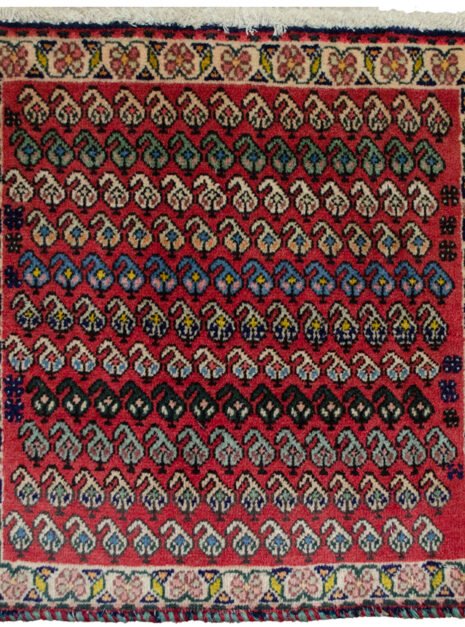 alt="Vintage Qashqai bag face with boteh motifs on red background" alt="Tribal Persian textile with cream floral border and paisley design" alt="Handwoven Qashqai bag face from South Iran" alt="Decorative vintage tribal bag face with boteh motifs"