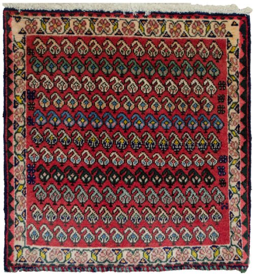 alt="Vintage Qashqai bag face with boteh motifs on red background" alt="Tribal Persian textile with cream floral border and paisley design" alt="Handwoven Qashqai bag face from South Iran" alt="Decorative vintage tribal bag face with boteh motifs"