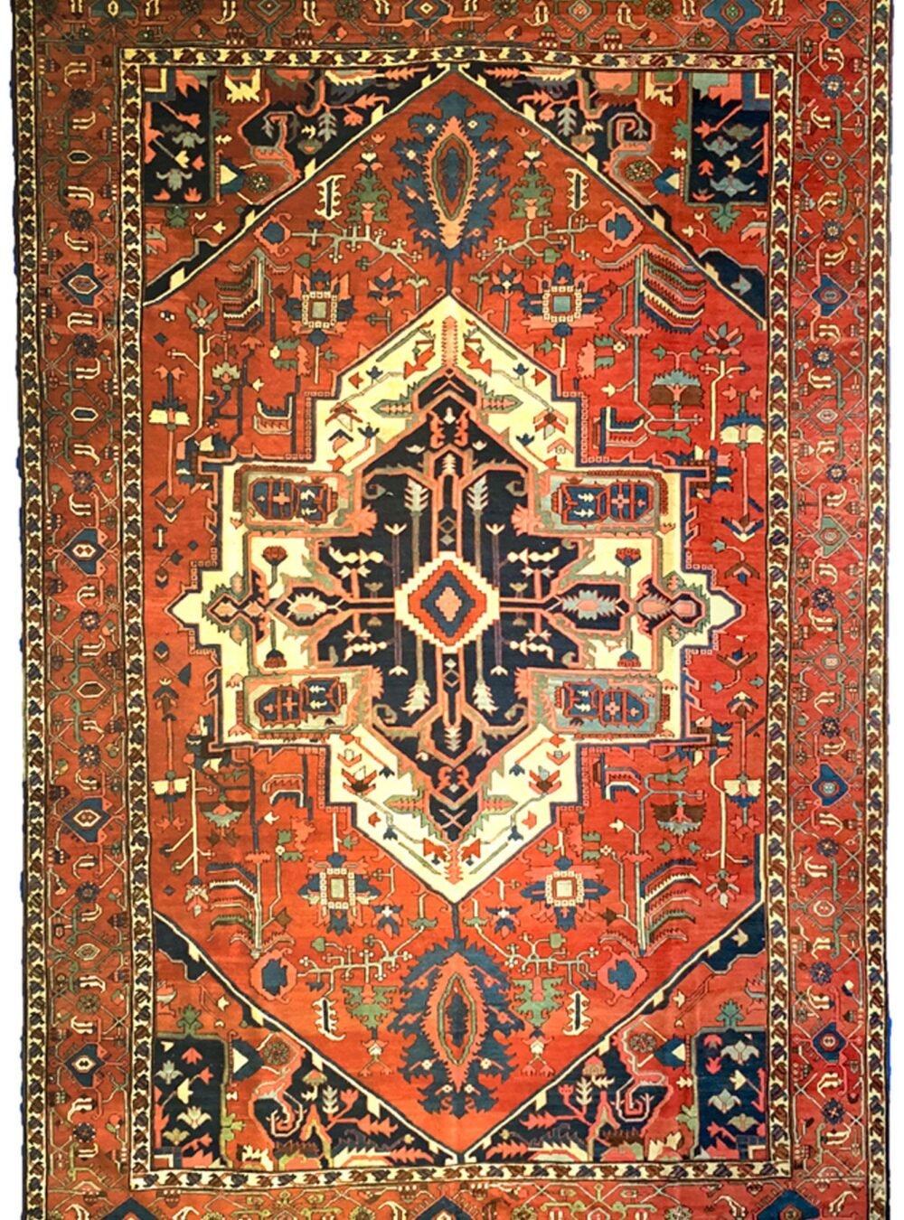 alt="19th century antique Serapi carpet with bold medallion and rich colours" alt="Northwest Iran Serapi rug with Heriz design and central medallion" alt="Hand-knotted Persian Serapi carpet from 1800s in excellent condition" alt="Fine antique Serapi rug with restored areas, Heriz region craftsmanship"