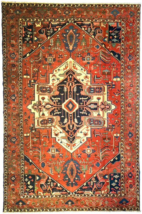 alt="19th century antique Serapi carpet with bold medallion and rich colours" alt="Northwest Iran Serapi rug with Heriz design and central medallion" alt="Hand-knotted Persian Serapi carpet from 1800s in excellent condition" alt="Fine antique Serapi rug with restored areas, Heriz region craftsmanship"