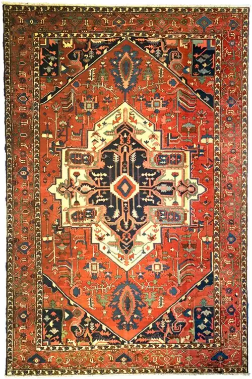 alt="19th century antique Serapi carpet with bold medallion and rich colours" alt="Northwest Iran Serapi rug with Heriz design and central medallion" alt="Hand-knotted Persian Serapi carpet from 1800s in excellent condition" alt="Fine antique Serapi rug with restored areas, Heriz region craftsmanship"