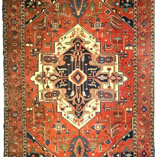 alt="19th century antique Serapi carpet with bold medallion and rich colours" alt="Northwest Iran Serapi rug with Heriz design and central medallion" alt="Hand-knotted Persian Serapi carpet from 1800s in excellent condition" alt="Fine antique Serapi rug with restored areas, Heriz region craftsmanship"