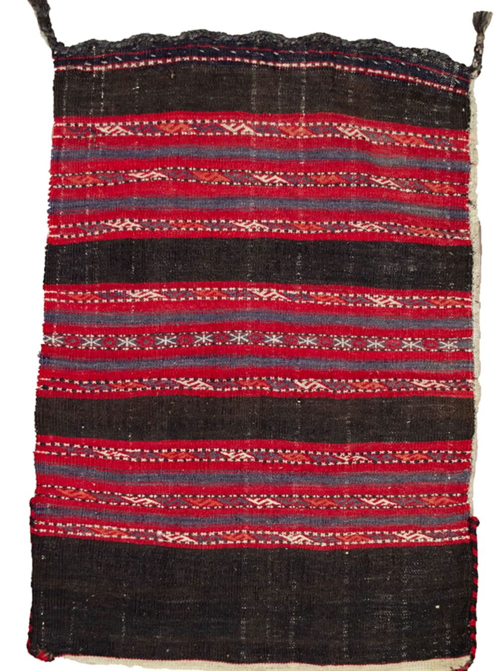 alt="Vintage Turkman Tobreh bag with S and star motifs" alt="Northeast Iran tribal bag with blue-grey bands and cream back" alt="Decorative vintage Turkman storage bag with intact locks" alt="Handwoven Turkman Tobreh with tribal patterns and simple design"