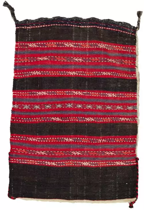 alt="Vintage Turkman Tobreh bag with S and star motifs" alt="Northeast Iran tribal bag with blue-grey bands and cream back" alt="Decorative vintage Turkman storage bag with intact locks" alt="Handwoven Turkman Tobreh with tribal patterns and simple design"