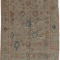 alt="Ushak carpet with taupe field and duck egg blue border" alt="Handwoven Ushak rug with Harchang floral design" alt="Modern production Ushak with antique finish and natural dyes" alt="Taupe and blue Persian-style rug with all-over floral motif"