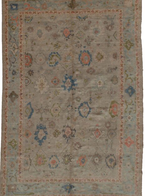 Dropbox_Mehdi-13409-Ushak-412x300cm.jpg alt="Ushak carpet with taupe field and duck egg blue border" alt="Handwoven Ushak rug with Harchang floral design" alt="Modern production Ushak with antique finish and natural dyes" alt="Taupe and blue Persian-style rug with all-over floral motif"