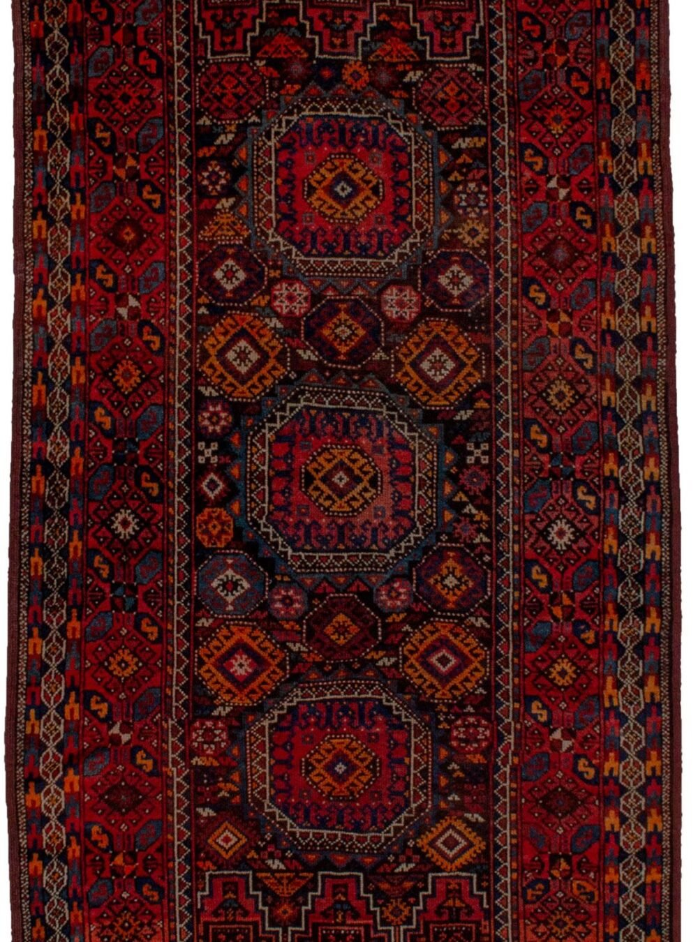 alt="Antique Baluch rug with elephant foot design and deep red tones" alt="Tribal Baluch rug with S motifs and multicoloured outer border" alt="Handwoven Baluch carpet with rare red hue and geometric centrepiece" alt="Collector’s Baluch rug featuring elephant foot and tribal patterns"