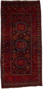 alt="Antique Baluch rug with elephant foot design and deep red tones" alt="Tribal Baluch rug with S motifs and multicoloured outer border" alt="Handwoven Baluch carpet with rare red hue and geometric centrepiece" alt="Collector’s Baluch rug featuring elephant foot and tribal patterns"