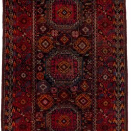 alt="Antique Baluch rug with elephant foot design and deep red tones" alt="Tribal Baluch rug with S motifs and multicoloured outer border" alt="Handwoven Baluch carpet with rare red hue and geometric centrepiece" alt="Collector’s Baluch rug featuring elephant foot and tribal patterns"