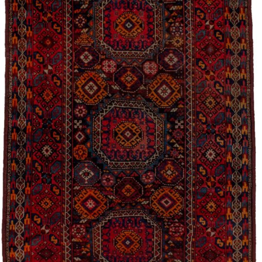 alt="Antique Baluch rug with elephant foot design and deep red tones" alt="Tribal Baluch rug with S motifs and multicoloured outer border" alt="Handwoven Baluch carpet with rare red hue and geometric centrepiece" alt="Collector’s Baluch rug featuring elephant foot and tribal patterns"