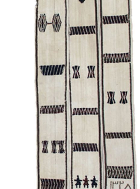 “Antique Bakhtiar tentband from 1909 signed by Gol Nesa” “Woven tribal Persian tentband with stylised human motifs” “Two-tone Bakhtiari nomadic tentband with dates and signature” “1909 Persian textile with fine tribal designs and historical value”
