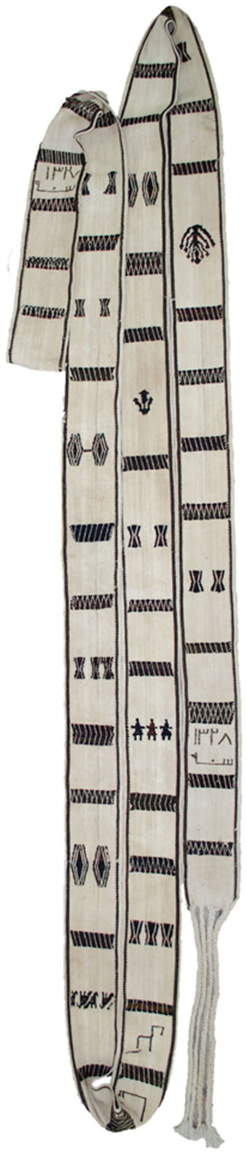 “Antique Bakhtiar tentband from 1909 signed by Gol Nesa” “Woven tribal Persian tentband with stylised human motifs” “Two-tone Bakhtiari nomadic tentband with dates and signature” “1909 Persian textile with fine tribal designs and historical value”
