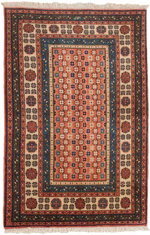 ardebil-talish-rug-rose-background.jpg decorative-ardebil-rug-multicoloured-stars.jpg handwoven-talish-design-ardebil-rug.jpg vintage-ardebil-rug-sharafi-signature.jpg