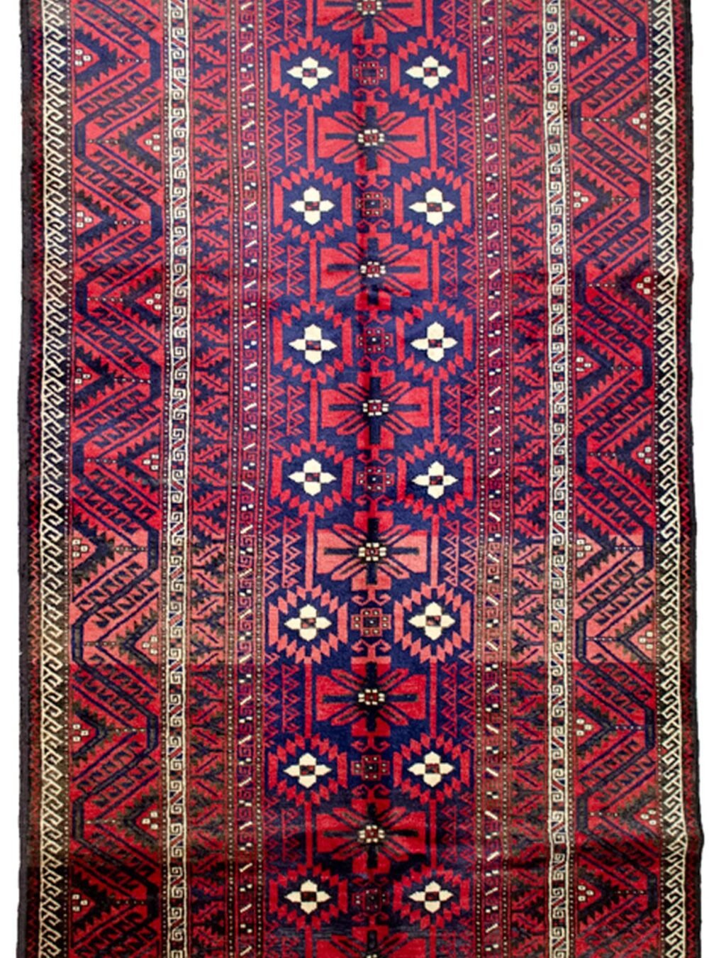 Vintage Baluch rug with royal blue background Mina Khani gul pattern on Persian tribal rug Bold Baluch carpet with geometric border Soft wool tribal rug from Northeast Iran High-sheen vintage Baluch weaving
