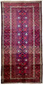Vintage Baluch rug with royal blue background Mina Khani gul pattern on Persian tribal rug Bold Baluch carpet with geometric border Soft wool tribal rug from Northeast Iran High-sheen vintage Baluch weaving