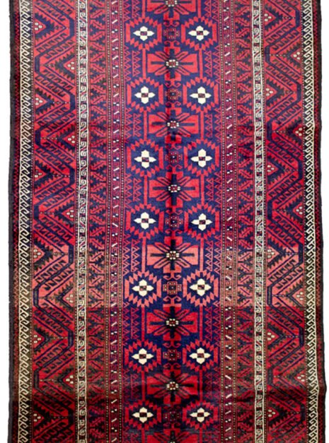 Dropbox_Mehdi-7693-Baluch-284x140cm.jpg Vintage Baluch rug with royal blue background Mina Khani gul pattern on Persian tribal rug Bold Baluch carpet with geometric border Soft wool tribal rug from Northeast Iran High-sheen vintage Baluch weaving