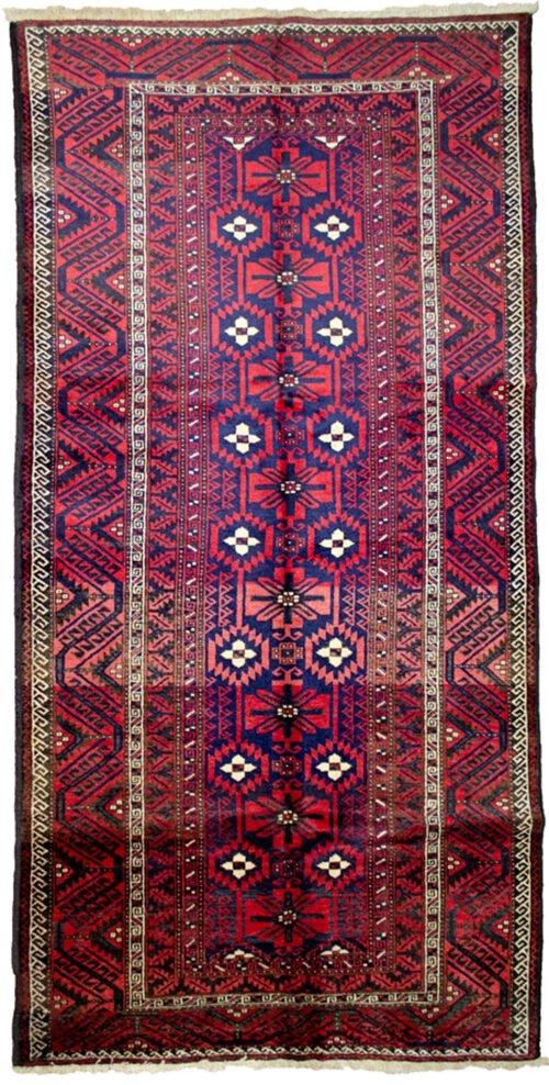 Vintage Baluch rug with royal blue background Mina Khani gul pattern on Persian tribal rug Bold Baluch carpet with geometric border Soft wool tribal rug from Northeast Iran High-sheen vintage Baluch weaving