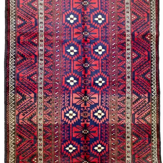Vintage Baluch rug with royal blue background Mina Khani gul pattern on Persian tribal rug Bold Baluch carpet with geometric border Soft wool tribal rug from Northeast Iran High-sheen vintage Baluch weaving