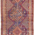 alt="Antique Khamseh runner with light blue ground and tribal motifs" alt="Persian tribal runner with birds, dogs, and medallions" alt="Rare Khamseh rug from South Iran with floral and animal motifs" alt="Vintage narrow Khamseh rug with central medallions on blue field"