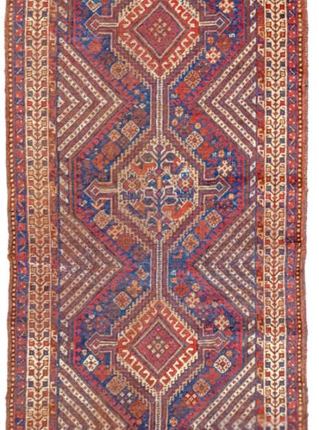 alt="Antique Khamseh runner with light blue ground and tribal motifs" alt="Persian tribal runner with birds, dogs, and medallions" alt="Rare Khamseh rug from South Iran with floral and animal motifs" alt="Vintage narrow Khamseh rug with central medallions on blue field"
