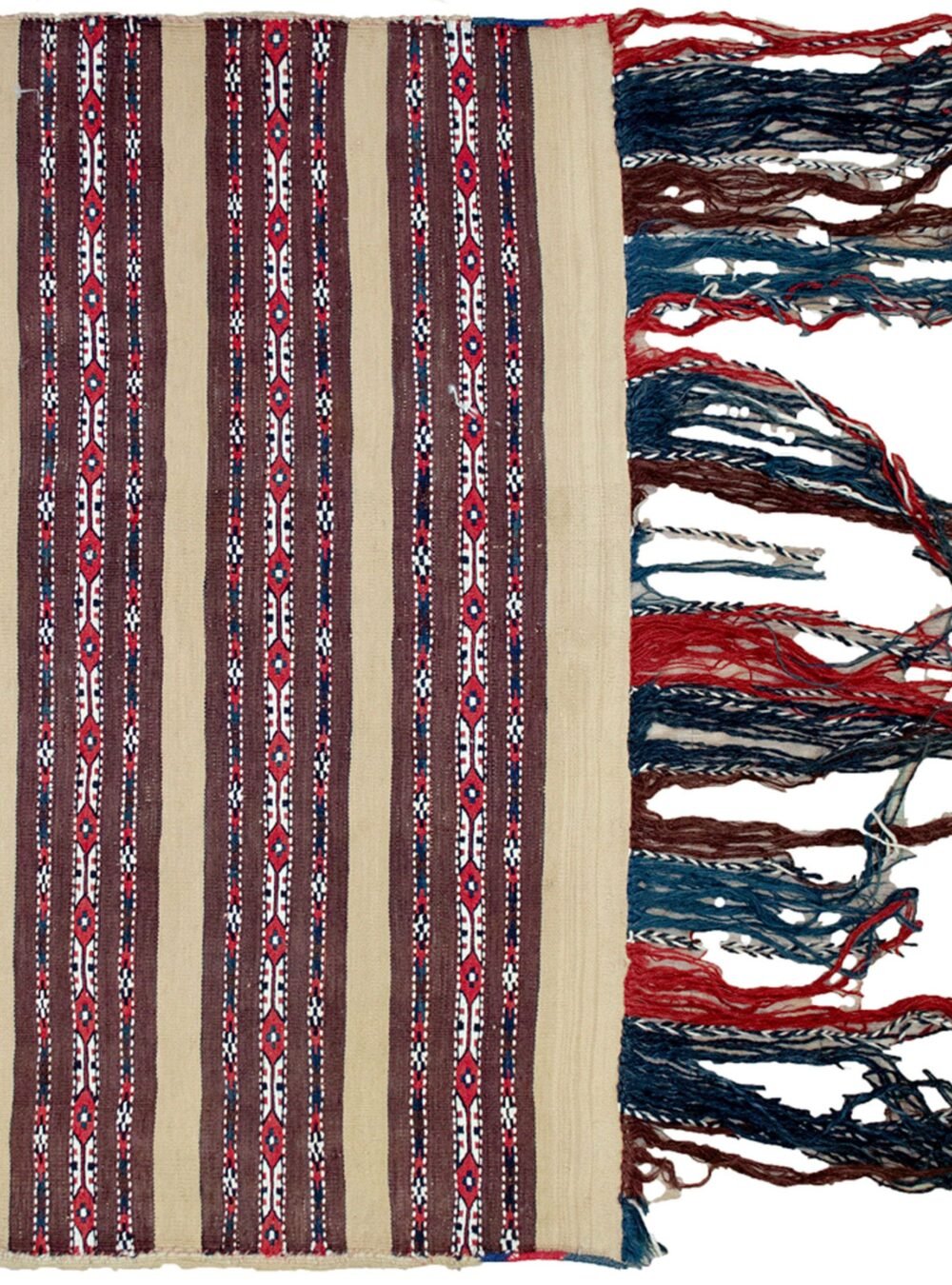 Antique Turkmen Tobreh with decorative tassels Finely woven tribal bag from Northeast Iran Pair of antique Turkmen Tobreh bags in excellent condition Close-up of tasselled edge on antique Turkmen bag Collectible Persian nomadic bag with intricate design
