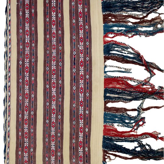 Antique Turkmen Tobreh with decorative tassels Finely woven tribal bag from Northeast Iran Pair of antique Turkmen Tobreh bags in excellent condition Close-up of tasselled edge on antique Turkmen bag Collectible Persian nomadic bag with intricate design