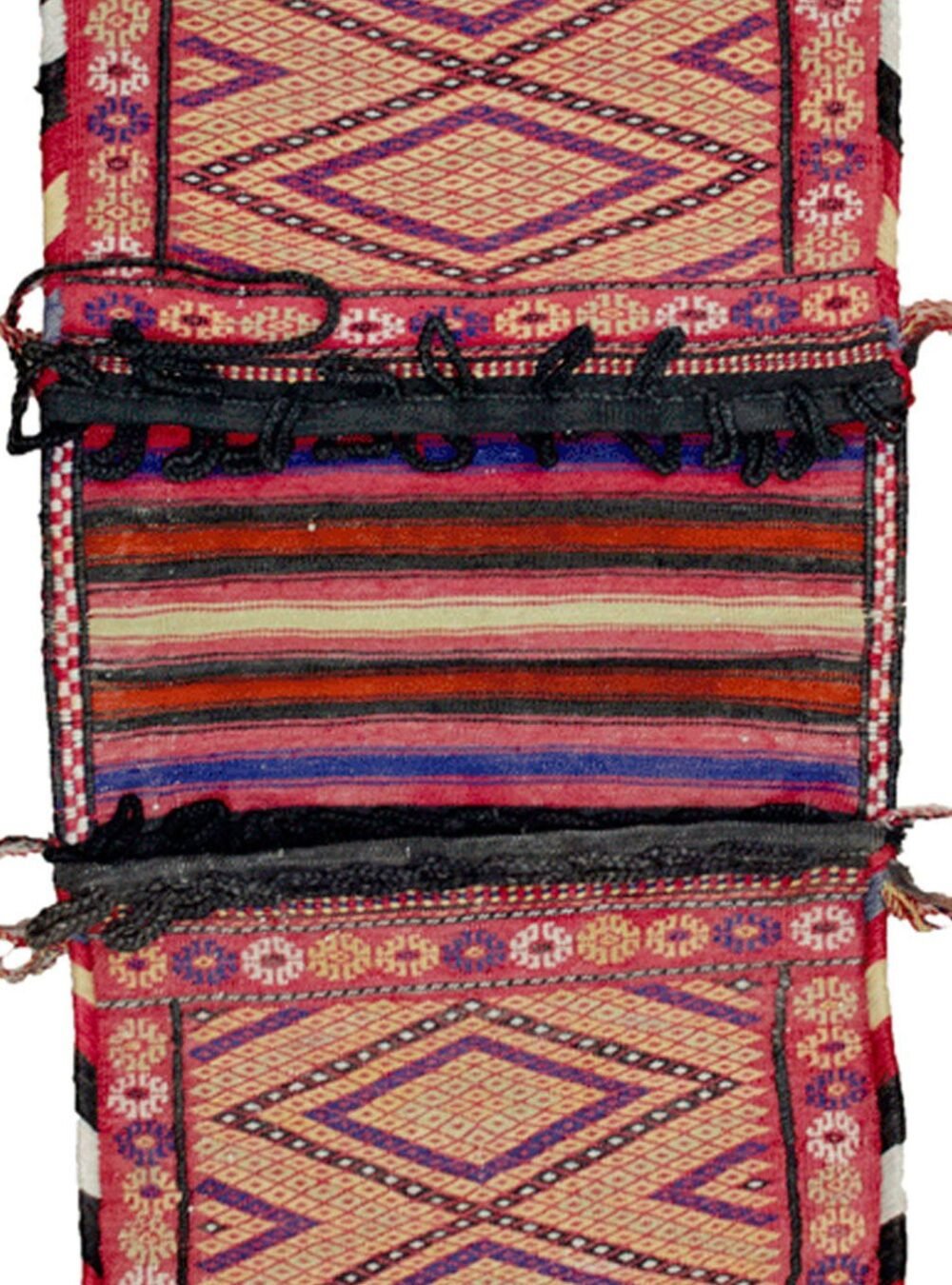 Vintage Kelat tribal bag with floral border Intact Khorjin bag from Northeast Iran Joyful colours on vintage Kelat weaving Fine weave detail of Kelat nomadic bag Decorative Persian tribal saddlebag