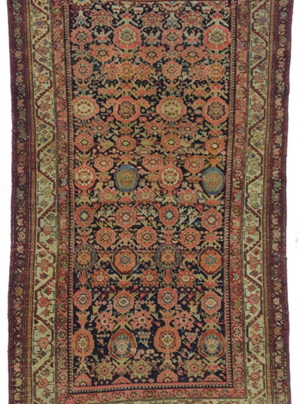 alt="Antique Malayer rug with navy blue field and floral motifs" alt="Persian rug with soft red and blue flower heads and cream geometric border" alt="Handwoven Malayer rug with slightly tapered center" alt="Vintage West Iran Malayer carpet with traditional floral design"