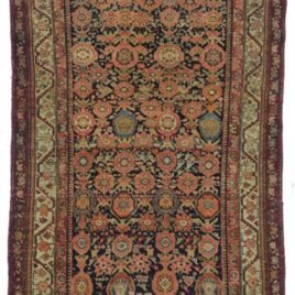 alt="Antique Malayer rug with navy blue field and floral motifs" alt="Persian rug with soft red and blue flower heads and cream geometric border" alt="Handwoven Malayer rug with slightly tapered center" alt="Vintage West Iran Malayer carpet with traditional floral design"