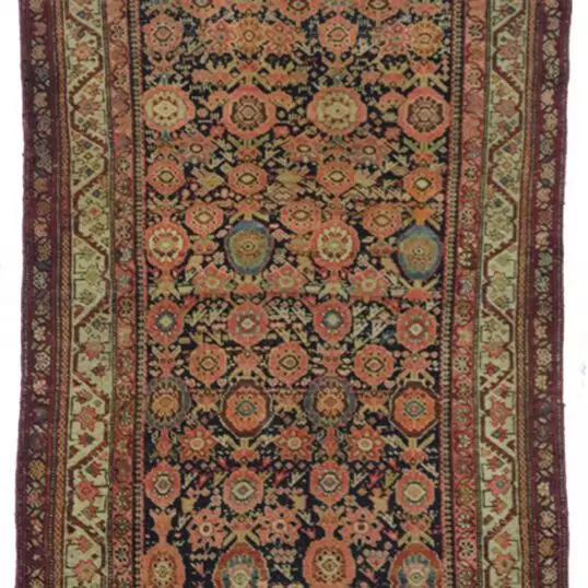 alt="Antique Malayer rug with navy blue field and floral motifs" alt="Persian rug with soft red and blue flower heads and cream geometric border" alt="Handwoven Malayer rug with slightly tapered center" alt="Vintage West Iran Malayer carpet with traditional floral design"