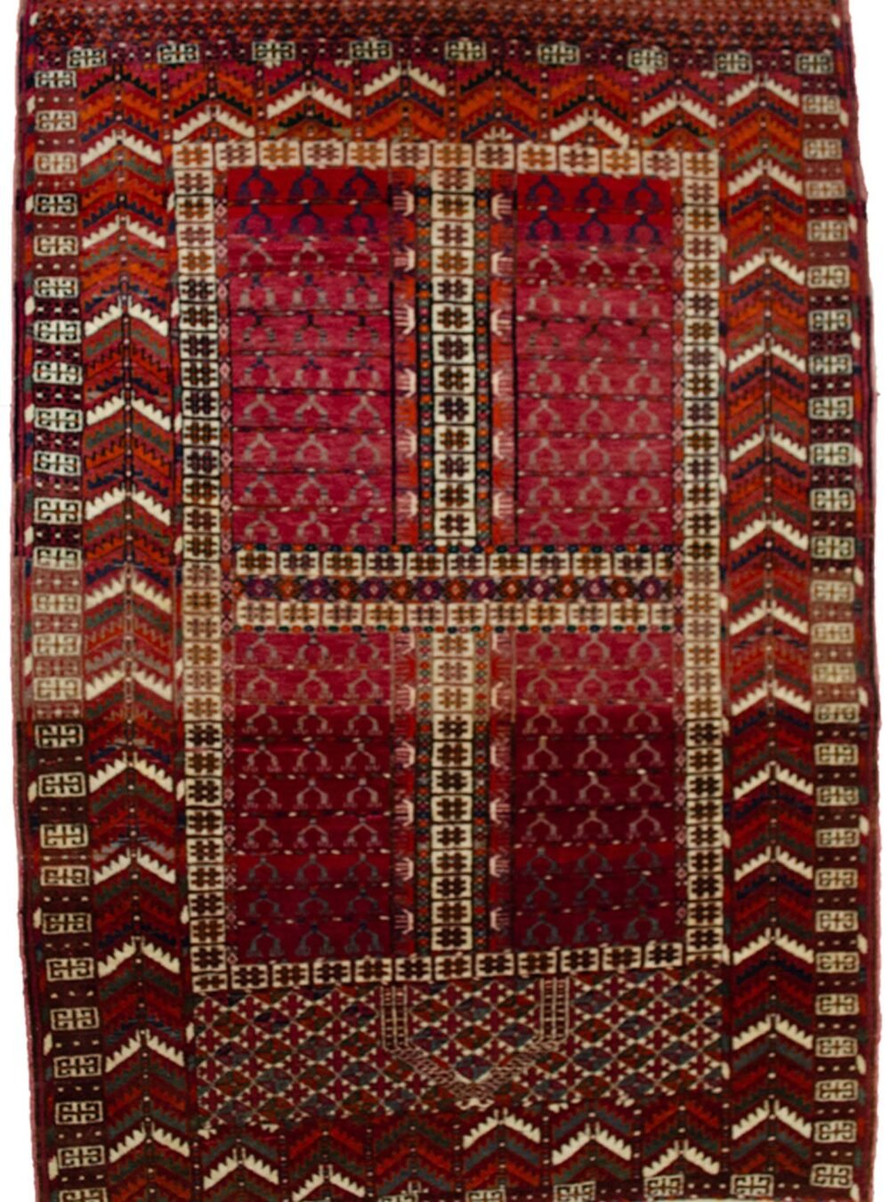“Vintage Ensi Turkmen rug with prayer niche and abrushes” “Finely woven Turkmen prayer mat in classic red and blue” “Tribal Pardeh rug from Turkmen weavers with symbolic mihrab” “Small-format vintage rug with strong colour abrushes and rich design”