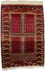“Vintage Ensi Turkmen rug with prayer niche and abrushes” “Finely woven Turkmen prayer mat in classic red and blue” “Tribal Pardeh rug from Turkmen weavers with symbolic mihrab” “Small-format vintage rug with strong colour abrushes and rich design”