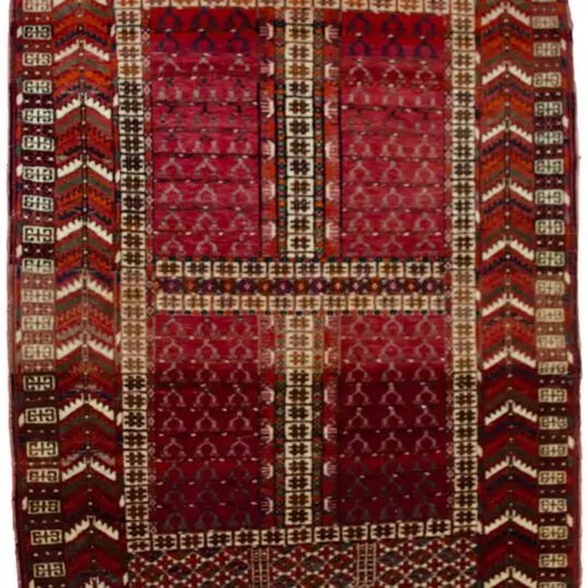 “Vintage Ensi Turkmen rug with prayer niche and abrushes” “Finely woven Turkmen prayer mat in classic red and blue” “Tribal Pardeh rug from Turkmen weavers with symbolic mihrab” “Small-format vintage rug with strong colour abrushes and rich design”