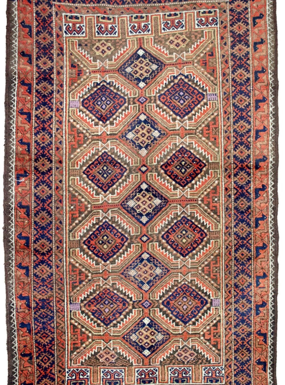 alt="Antique Baluch rug with light green field and lozenge design" alt="Tribal Persian rug with peacock terracotta border and purple wool accents" alt="Northeast Iran Baluch rug with niches and unusual colour combination" alt="Decorative antique Baluch carpet with blue and green tribal motifs"