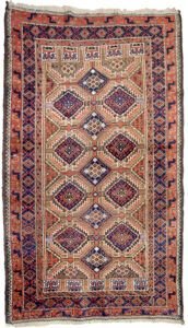 alt="Antique Baluch rug with light green field and lozenge design" alt="Tribal Persian rug with peacock terracotta border and purple wool accents" alt="Northeast Iran Baluch rug with niches and unusual colour combination" alt="Decorative antique Baluch carpet with blue and green tribal motifs"