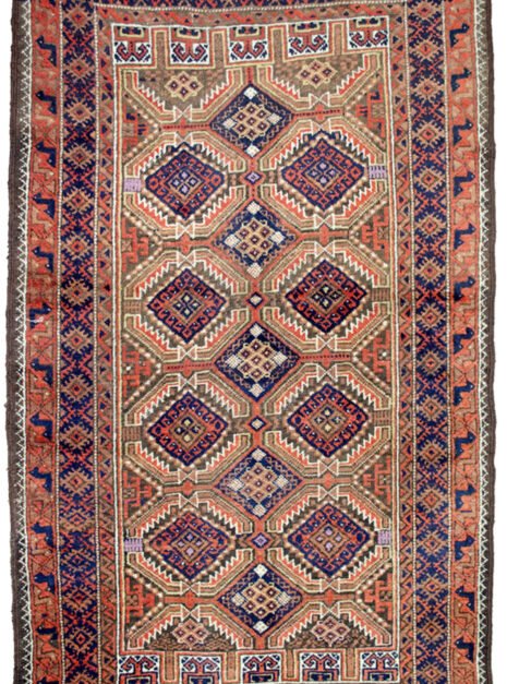 Dropbox_Mehdi-H308-Baluch-163x95cm.jpg alt="Antique Baluch rug with light green field and lozenge design" alt="Tribal Persian rug with peacock terracotta border and purple wool accents" alt="Northeast Iran Baluch rug with niches and unusual colour combination" alt="Decorative antique Baluch carpet with blue and green tribal motifs"