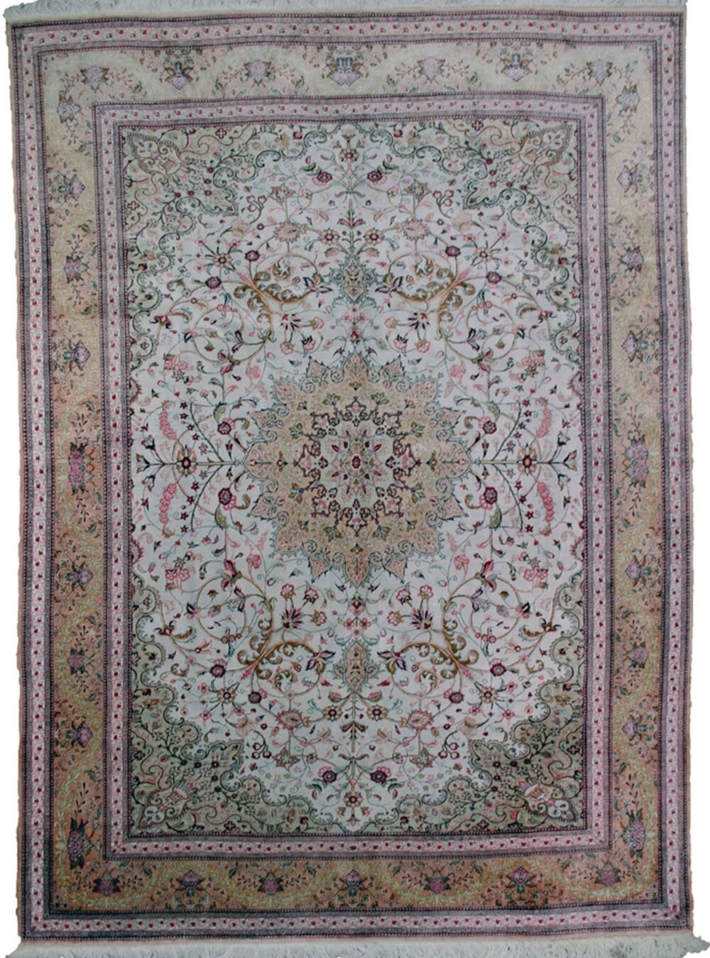 alt="Elegant vintage silk Qum carpet from Central Iran with floral design" alt="Persian Qum silk rug with harmonious colours and full silk foundation" alt="Vintage post-revolution Qum carpet with intricate silk pattern" alt="Fine Persian silk carpet with luxurious sheen and central floral motif"