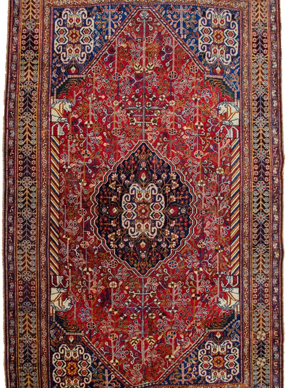 alt="Antique Qashqai rug with horse head columns and Hashgul medallion" alt="Tribal Persian rug with aged natural dyes and off-centre medallion" alt="Handwoven Qashqai rug with eight paisley design and vibrant colours" alt="South Iran tribal rug with Persepolis-inspired motifs"