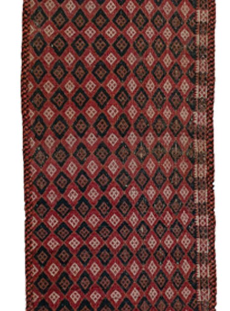alt="Antique Kelat tent decoration from Northeast Iran with red and blue motifs" alt="Vintage tribal textile with lozenge design from Kelat, Iran" alt="Northeast Iranian tent panel with soft red ground and ornate ends" alt="Traditional Kelat weaving with tribal motifs and rich colours"