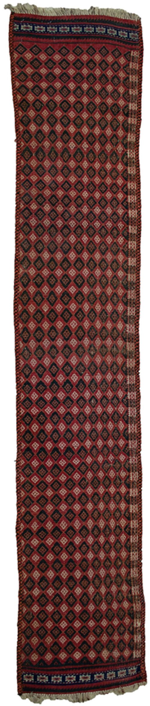 alt="Antique Kelat tent decoration from Northeast Iran with red and blue motifs" alt="Vintage tribal textile with lozenge design from Kelat, Iran" alt="Northeast Iranian tent panel with soft red ground and ornate ends" alt="Traditional Kelat weaving with tribal motifs and rich colours"