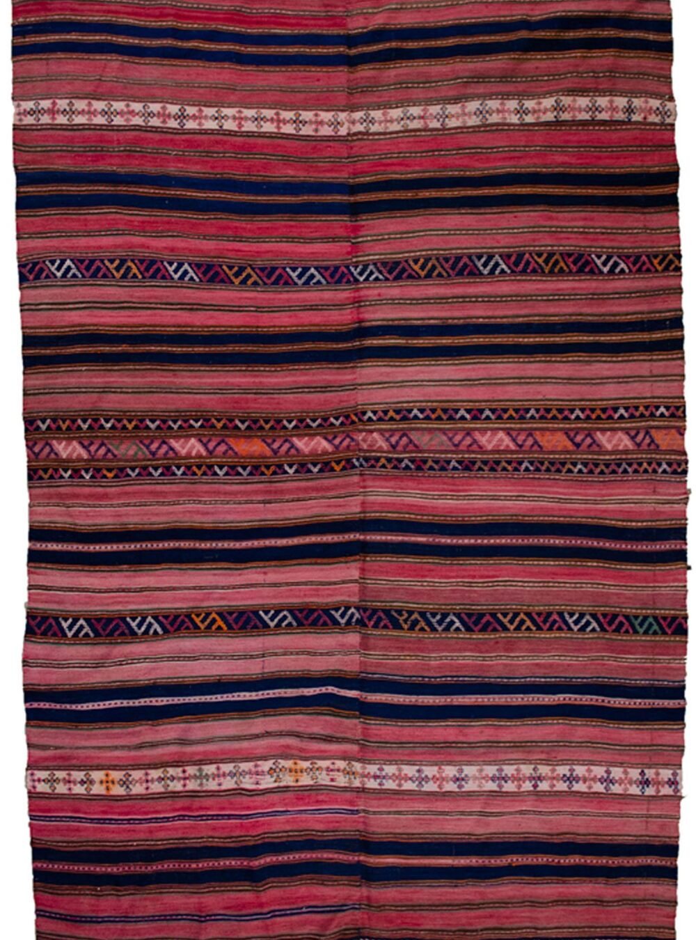 alt="Vintage Semnan Jijim with navy and cream stripes and cross motifs" alt="Fine Persian flatweave Jijim from East Iran with decorative pattern" alt="Decorative Iranian tribal Jijim with soft wool and minor colour bleed" alt="Handwoven Semnan Jijim textile in navy and cream tones"