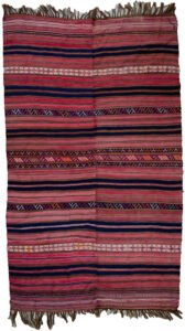 alt="Vintage Semnan Jijim with navy and cream stripes and cross motifs" alt="Fine Persian flatweave Jijim from East Iran with decorative pattern" alt="Decorative Iranian tribal Jijim with soft wool and minor colour bleed" alt="Handwoven Semnan Jijim textile in navy and cream tones"