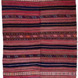 alt="Vintage Semnan Jijim with navy and cream stripes and cross motifs" alt="Fine Persian flatweave Jijim from East Iran with decorative pattern" alt="Decorative Iranian tribal Jijim with soft wool and minor colour bleed" alt="Handwoven Semnan Jijim textile in navy and cream tones"