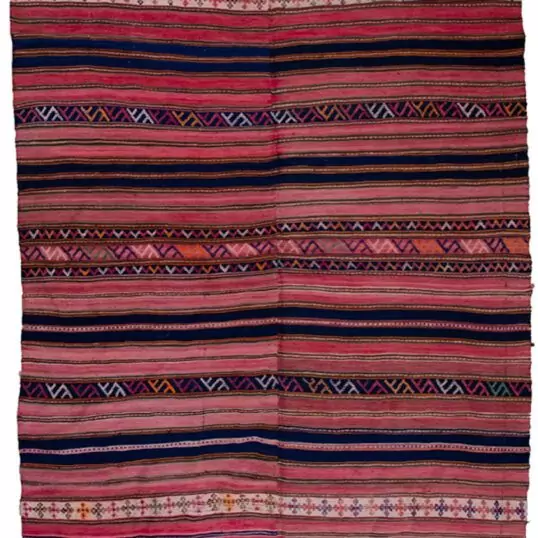 alt="Vintage Semnan Jijim with navy and cream stripes and cross motifs" alt="Fine Persian flatweave Jijim from East Iran with decorative pattern" alt="Decorative Iranian tribal Jijim with soft wool and minor colour bleed" alt="Handwoven Semnan Jijim textile in navy and cream tones"