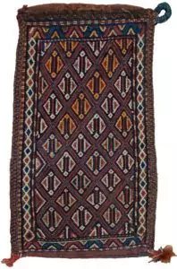 alt="Vintage Quchan bag from Kurdish tribes with natural dyes" alt="Elegant tribal bag from Northeast Iran in handspun wool" alt="Collectible Kurdish Quchan bag with simple, refined design" alt="Chic nomadic storage bag woven with plant-dyed wool"